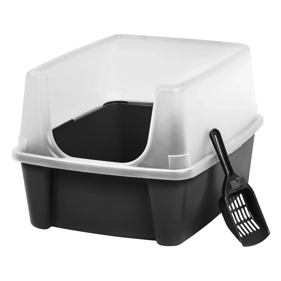 Free Shipping Open-Top Cat Litter Box with Shield and Scoop, Black